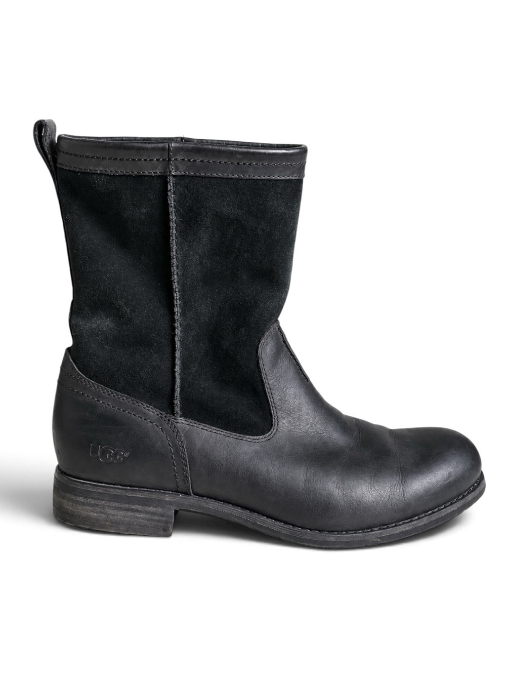 UGG Lerette Black Leather Suede Pull On Winter Boots Shearling Lined 15